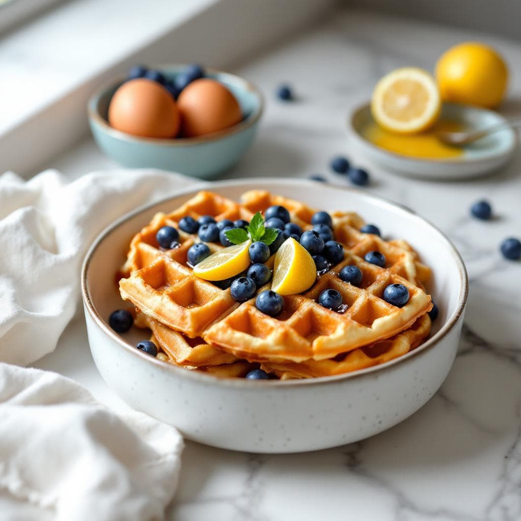 Fluffy Blueberry Lemon Waffles with Fresh Bursting Berries
