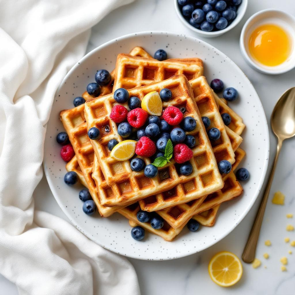 Fluffy Blueberry Lemon Waffles with Fresh Bursting Berries
