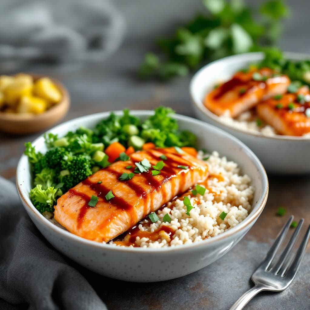 Easy Teriyaki Salmon Bowls with Rice and Vegetables